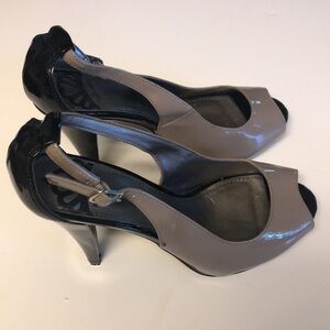 Fergalicious tan and black patent heels, sz 7 .5